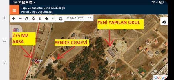 Haydar Emlaktan Yenicede 275 M2 Müstakil,17 Mt.lik Caddeye Cepheli Arsa