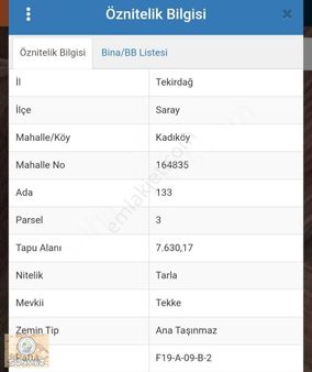 Tekirdağ Saray Kadıköy'de Resmi Yolu Olan Tek Tapu Tarla
