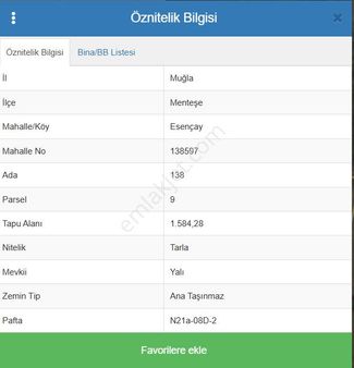 Muğla Menteşe Esençay ' Da 1584m² Satılık Yatırımlık Tarla