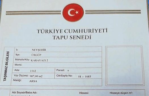 Ürgüp Evka Mahallesi'nde 987 M2 Satılık Arsa