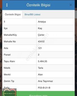 Antalya Kaş Çerler Tek Tapu Satılık Tarla