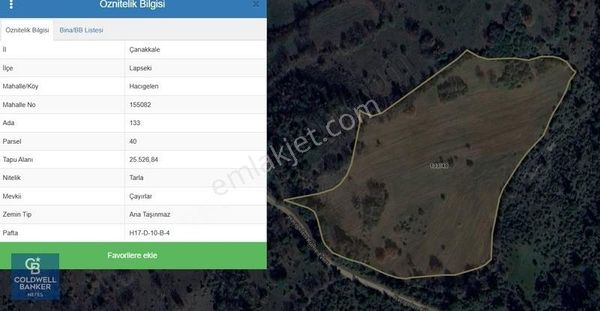 Çanakkale Lapseki Hacıgelen Köyünde 25.500 M² Satılık Tarla