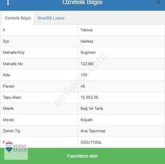 Yalova Merkez Sugörende 12.852 M² Satılık Bağ Ve Tarla