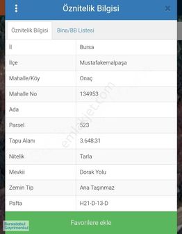 Bursadabul'dan Onaç Mah.anayola Cephe Göl Manzaralı Tarla 3648m2