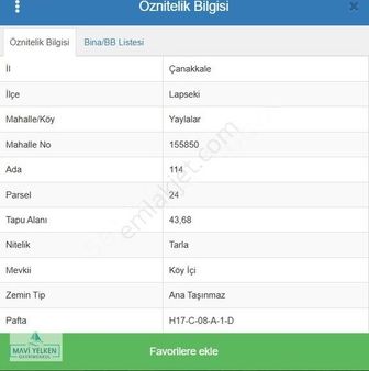 Çanakkale Lapseki Yaylalar Köyünde Fırsat Satılık Tarla