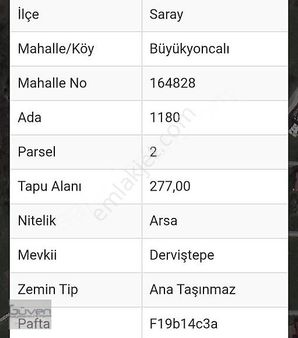 Güven Emlak'tan Saray Büyükyoncalı'da 3.kat İmarlı 277m2 Arsa