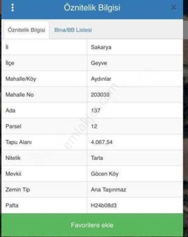 Alemdar Gayrinemkul Geyve Aydınlar Mah. Resmi Yol Üstü Sat.tarla