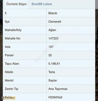 Fırsat Bilecik Osmaneli Ağlan Köyünde 5200m2 Tarla