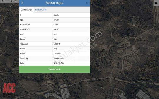 Acc Homes'tan Bilecik İnhisar Samrı'da 2733 M2 Tarla