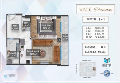 Vadi Premium Projesi 1+1 133m2 Balkonlu Satılık Daire