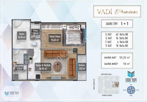 Vadi Premium Projesi 1+1 136m2 Balkonlu Satılık Daire