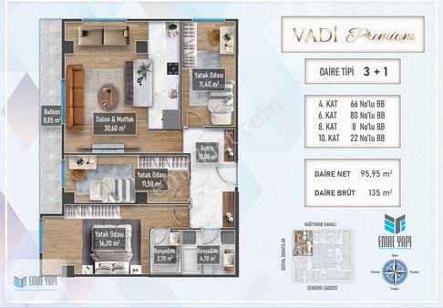 Vadi Premium Projesi 3+1 173m2 Balkonlu Satılık Daire