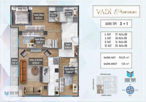 Vadi Premium Projesi 3+1 175m2 Balkonlu Satılık Daire