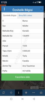 Bursa Nilüfer Konaklı Mahallesi Satılık 4.800 Mt2 Tarla