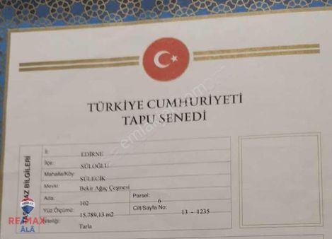 Edirne Süloğlu Süleçik'te Tek Tapu Satılık Tarla