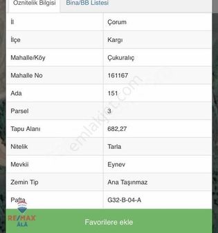 Çorum Kargı Çukuralıç Köyü Satılık Müstakil Tapulu Tarla