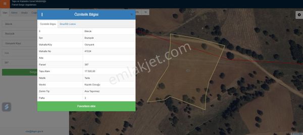 Bilecik Bozüyük Günyarık Köyü Kadastro Yolu Olan Tarla