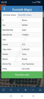 Bursa Nilüfer Çaylı Mahallesi Satılık 3.000 Mt2 Tarla