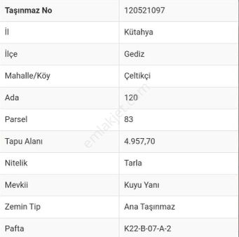 Kütayha Gediz Çeltikçi Mahallesi 4957m2 Satılık Tarla