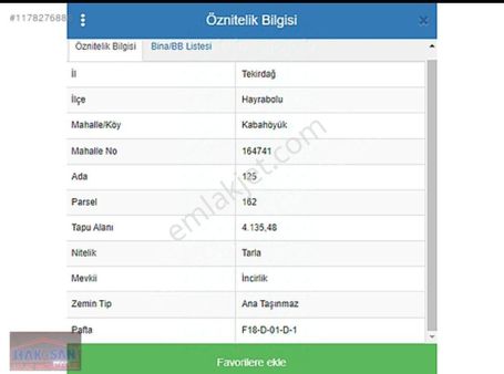 Tekirdağ Hayrabolu Kabahöyük 517m2 Satılık Yatırımlık Tarla
