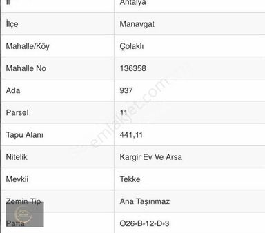 Antalya Manavgat Çolaklıda Satılık 441m² Köşe Parsel Arsa