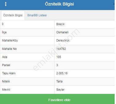 Bilecik Osmaneli Dereyörük Köyü Satılık Bahçe