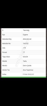 Dalkırandan Tekirdağ Ergene Ahimehmet 178/77 Satılık 624 M2 Tarla