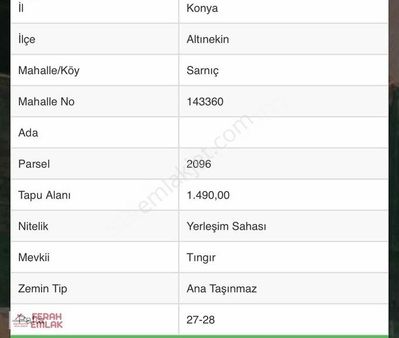 Altınekin Sarnıçta Satlık Müstakil Parsel