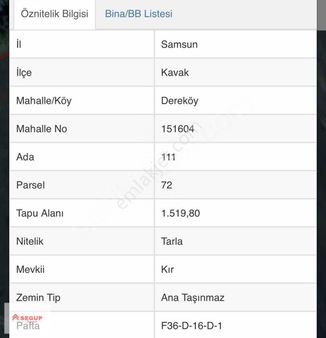 Samsun Kavak Dereköy Mahallesinde Satılık Tarla