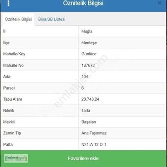 Muğla Menteşe Günlücede 20743m² Sinin 1/3 Hissesi Satılık Tarla