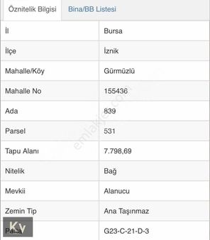 Kv Gayrimenkul'den İznik Gürmüzlü Mah. Yatırımlık Satılık Bağ