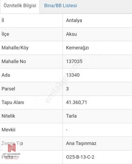 Satılık Tarla Antalya / Aksu / Kemerağzı Takasa Açık !