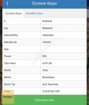 Mayadan Babaeski Hazinedar'da 9.911m2 Satılık Arazi