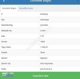 Kredi Kartına Taksit Kütahya Aslanapa 'da 1.430 M2 Fırsat Arazi