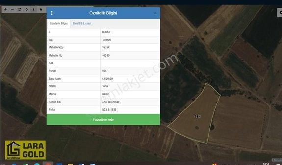 Burdur Tefenni Sazakta 6,5 Dönüm Tek Tapu Tarla