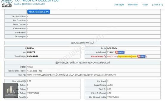Nilüfer Hasanağa'da 0.15/0.30 Emsal Villa İmarlı 228m² Arazi