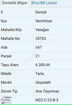 Serinhisar Yatağanda Satılık Verimli Tarla
