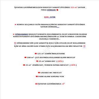 Karatay Sanayii'nde Merkezi Konumda 155 M2 Satılık Fırsat İşyeri