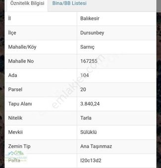 Klc'den Balıkesir Dursunbey Sarnıç Mah.satılık 3.840 M Tarla