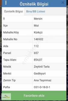 Ahmet Kara'dan Mut Kürkçü Köyü 854 M2 Satılık Zeytin Bahcesi