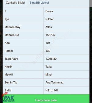 Nilüfer Atlasta Satılık Tek Tapu Tarla