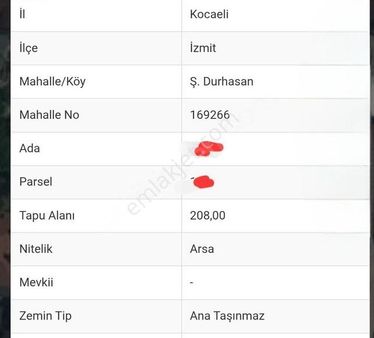 210 M2 Arsa Turan Güneş Cad . Yenişehir İzmit / Kocaeli