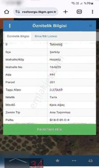 Tekirdağ Şarköy Satılık Tarla Hoşköy Mahallesinde