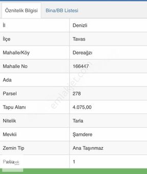 Denizli Tavas Dereağzı 0 Ada 278 Par 4.075m2 Köye Yakındır