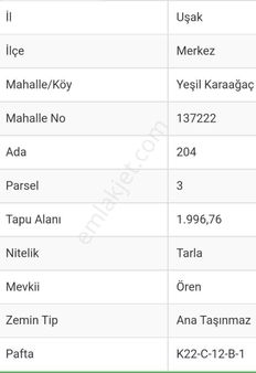 Uşak Merkez Yeşil Karaağaç Mahallesinde, Satılık Arazi