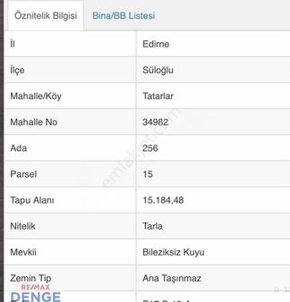 Edirne Süloğlu Tatarlar Köyü’nde Satılık 957 M² Yatırımlık Tarla