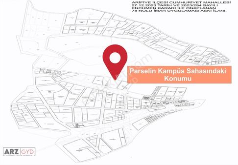 Arz Gyd - Arifiye Yeni Kampüs İçerisinde 3 Kat İmarlı 490m2 Net