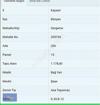Bünyan Gergeme'de 1.178m² Satılık Tarla