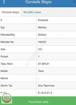 Kırklareli Merkez Dolhan'da Satılık Tarla