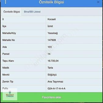 İzmit Yassıbağ Mahallesinde 16720 M2 Satılık Tarla